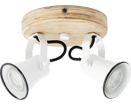 Taklampa med två spotlights, trä och metall