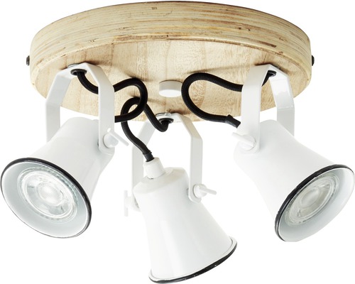 Taklampa med tre spotlights och träsockel