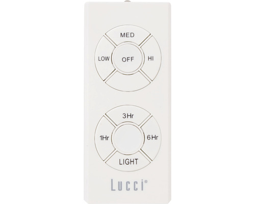 Lucci takfläkt fjärrkontroll med knappar för låg, medium, hög hastighet, av, ljus och timer