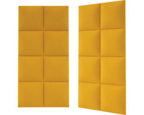 Två gula ljudpaneler, var och en bestående av åtta kvadratiska moduler