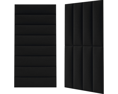 Två svarta akustikpaneler med horisontella och vertikala spår