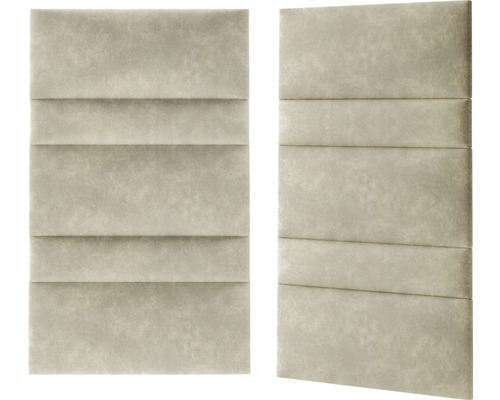 Två vadderade väggpaneler med rektangulär form och horisontella dekorativa sömmar.