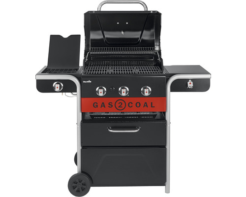 Gasol- och kolgrill med sidobord och förvaringsutrymme