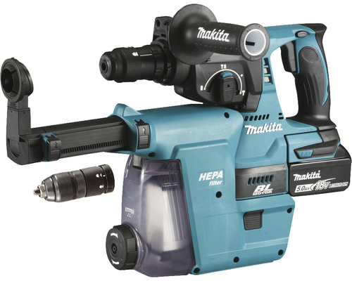 Kombihammare MAKITA DHR243RTJW 18V med 2st 5.0Ah batterier laddare och MAKPAC Makita batteridriven borrhammare med HEPA-filter och extra chuck