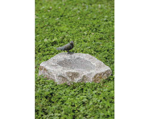 Fågelbad av sten med fågeldekoration i trädgården