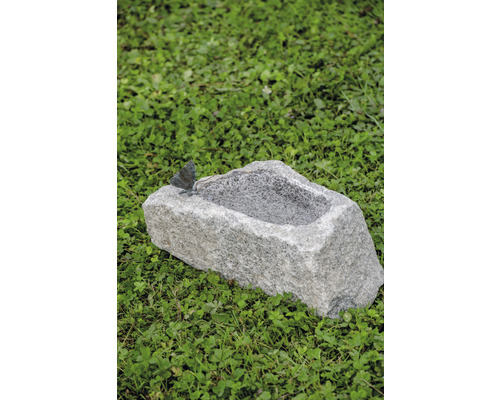 Fågelbad av sten med fjäril på en äng