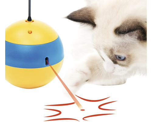 Gul och blå interaktiv leksaksboll med laserpunkt och lekande katt