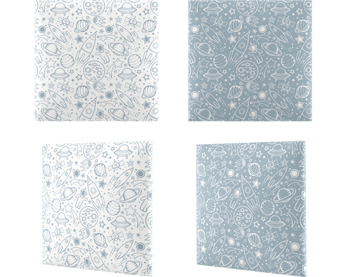 Fyra tygprover med rymdmotiv som raketer och planeter