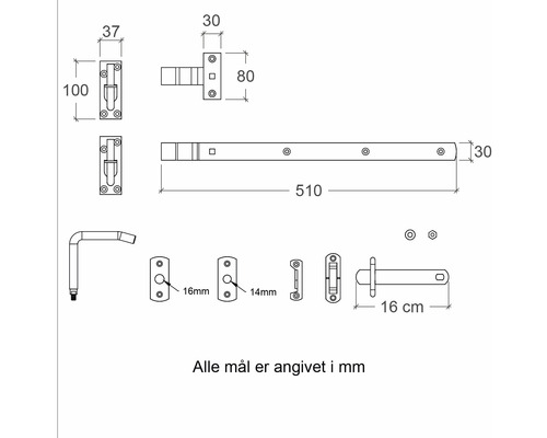 Teknisk ritning av en dörrbult med dimensioner.