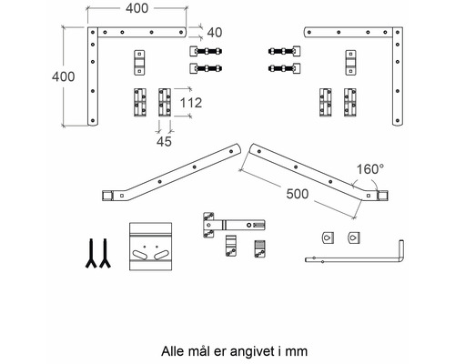 Teknisk ritning av en uppsättning grindbeslag med måttangivelser