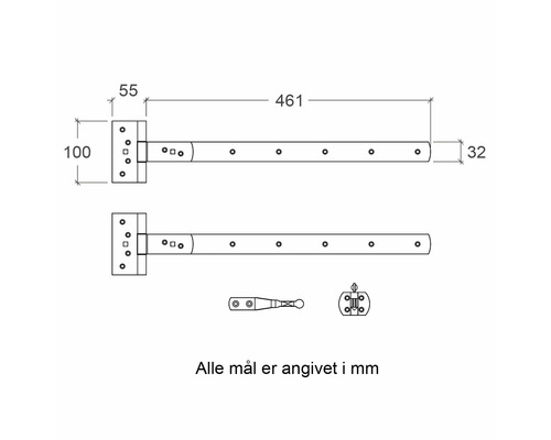 Teknisk ritning av ett grindgångjärn med mått i millimeter