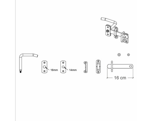 Illustration av ett 16 centimeter långt spärrset med mått.
