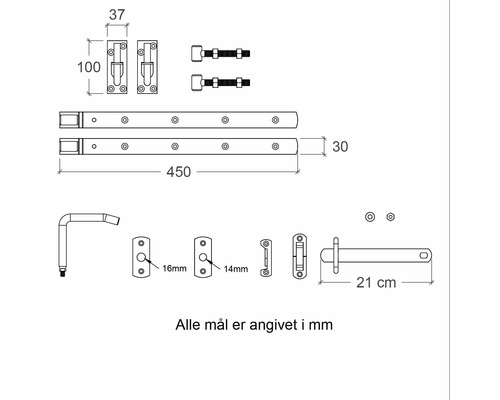 Teknisk ritning av ett grindlås med mått.