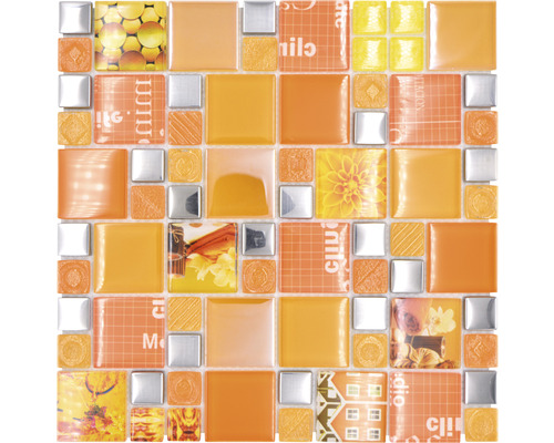Mosaik glas XCM MC569 silver orange 29,8 x 29,8 cm Mosaikplatta med blommönster och geometriska former