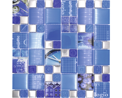 Mosaik glas XCM MC549 silver blå 29,8 x 29,8 cm Mosaikplatta med olika blå mönster