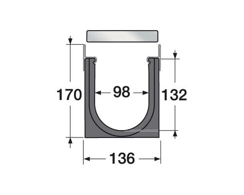 Teknisk ritning av en dräneringsränna med dimensioner