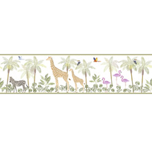 Bård med zebra, giraffer, flamingor, tukaner, papegoja och palmer