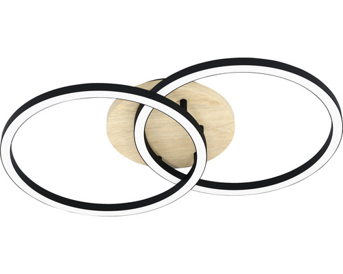 LED-taklampa med två sammanflätade ringar och ett runt träfäste