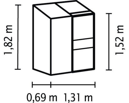 Teknisk ritning av ett skåp med måtten 1,82 meter högt, 0,69 meter brett och 1,31 meter djupt samt 1,52 meter högt.