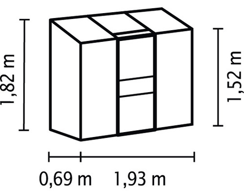 Teknisk ritning av ett skåp med höjd- och breddmått i meter