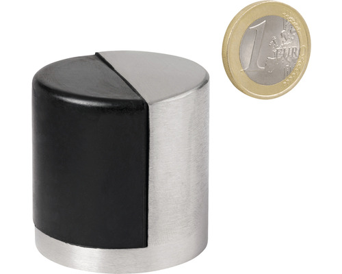 Dörrstopp av rostfritt stål och gummi bredvid ett euromynt