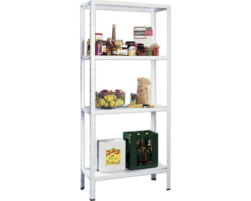 Förvaringshylla SCHULTE REGALWELT 180x60x40cm förzinkad 4 hyllplan max. 260kg Vit metallhylla med fyra hyllor och diverse föremål