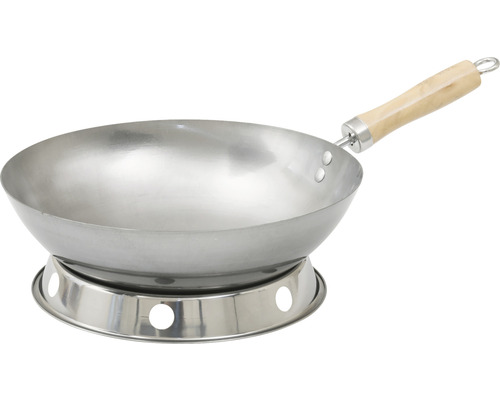 Wok med trähandtag och matchande stativ