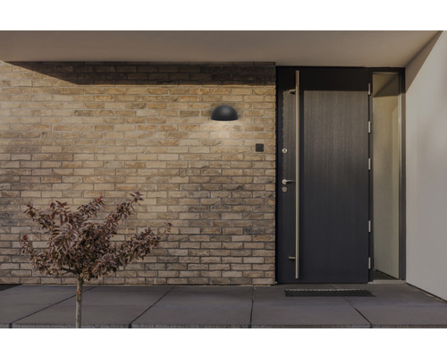 Exteriör av ett hus med en utomhusvägglampa, en ytterdörr och ett litet träd