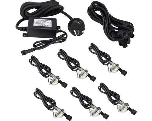 Sex LED-markspottar med strömkabel, kontakt och fördelare
