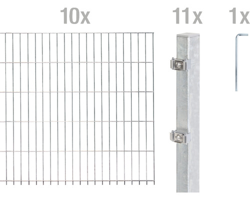 Stålnätspanel set ALBERTS med dubbla trådar 6/5/6 2000x140cm varmförzinkad Staketset med tio staketelement, elva stolpar och en insexnyckel