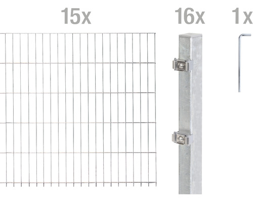 Stålnätspanel set ALBERTS med dubbla trådar 6/5/6 3000x140cm varmförzinkad Komplett set med 15 stängselelement, 16 stängselstolpar och ett monteringsverktyg för stängselkonstruktion