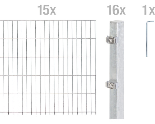Stålnätspanel set ALBERTS med dubbla trådar 6/5/6 3000x160cm varmförzinkad Stängselelement, stängselstolpar och insexnyckel för stängselkonstruktion