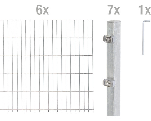 Stålnätspanel set ALBERTS med dubbla trådar 6/5/6 1200x100cm varmförzinkad Sex dubbeltrådspånskivor, sju stolpar och en skiftnyckel för stängselkonstruktion