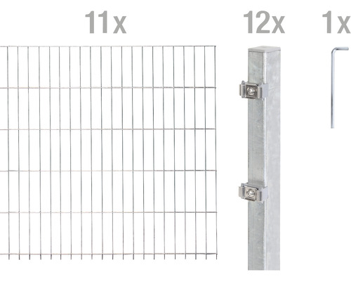 Stålnätspanel set ALBERTS med dubbla trådar 6/5/6 2200x100cm varmförzinkad Elva stängselelement, tolv stängselstolpar och en skiftnyckel för stängselkonstruktion