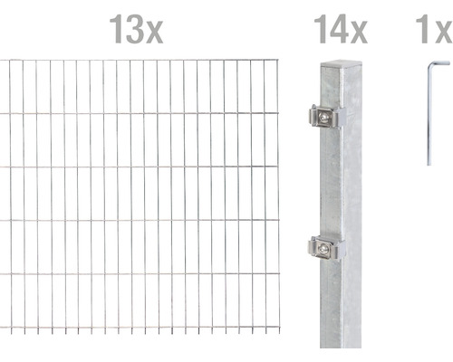 Stålnätspanel set ALBERTS med dubbla trådar 6/5/6 2600x80cm varmförzinkad Tretton stängselpaneler, fjorton stängselstolpar och en skiftnyckel för stängselkonstruktion