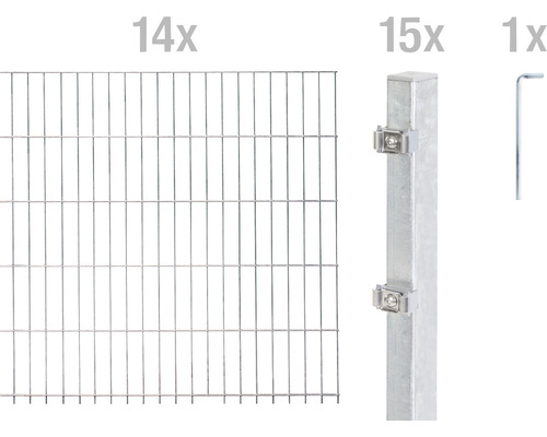 Stålnätspanel set ALBERTS med dubbla trådar 6/5/6 2800x80cm varmförzinkad Komplett set stängsel med dubbla trådstängselpaneler, stängselstolpar och verktyg