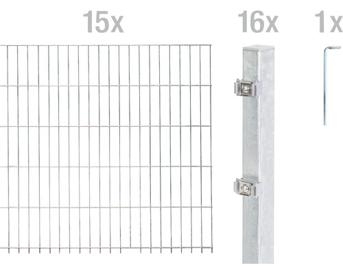 Stålnätspanel set ALBERTS med dubbla trådar 6/5/6 3000x80cm varmförzinkad Stängselset bestående av 15 stängselelement, 16 stolpar och ett verktyg