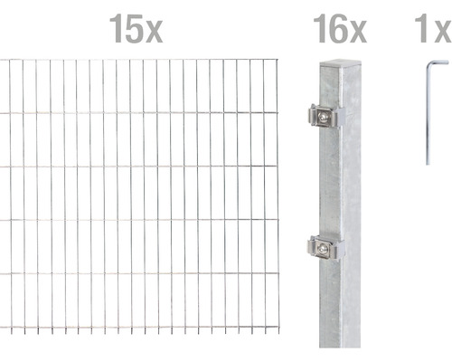 Stålnätspanel set ALBERTS med dubbla trådar 6/5/6 3000x100cm varmförzinkad Komplett set för dubbeltrådsstängsel med stängselelement, stolpar och verktyg