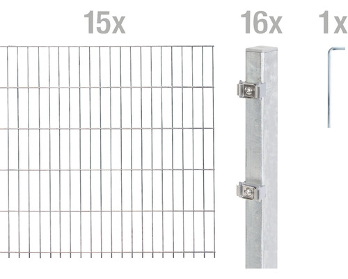 Stålnätspanel set ALBERTS med dubbla trådar 6/5/6 3000x120cm varmförzinkad Femton stängselelement, sexton stängselstolpar och en insexnyckel för stängselanläggningar