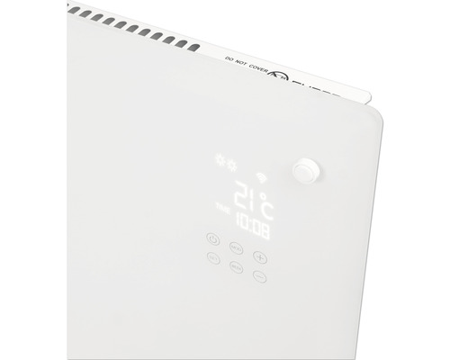 Närbild av ett vitt element med digital display och reglage