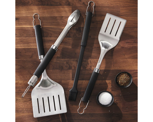 Grillset i rostfritt stål med stekspade, tång och pensel