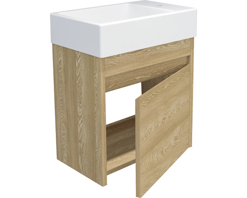 Tvättställsskåp med öppen dörr och keramisk tvättställ