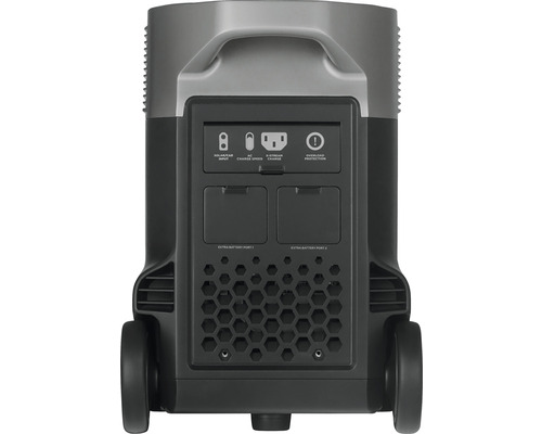 Baksidan av en strömgenerator med anslutningar för solenergi, batteriladdning och överbelastningsskydd