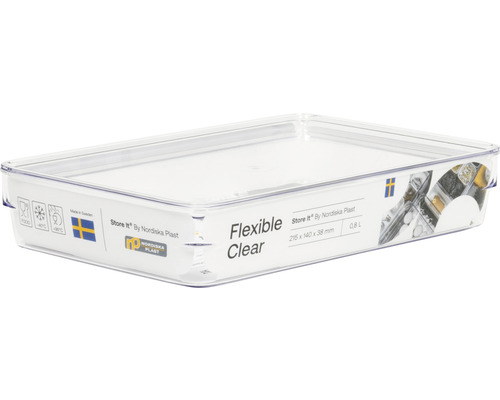 Genomskinlig förvaringslåda i plast, 215 x 140 x 38 millimeter, volym 0,8 liter