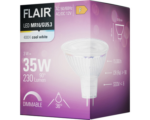 Förpackning för dimbar Flair LED-lampa MR16/GU5.3 med kallvitt ljus