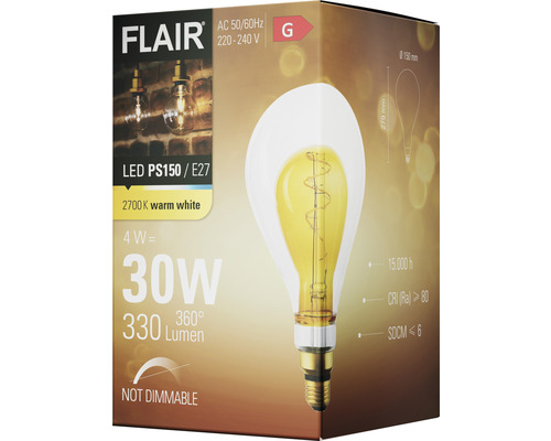 Förpackning av en Flair LED-lampa PS150 E27, 4 watt, 2700 kelvin varmvit, ej dimbar