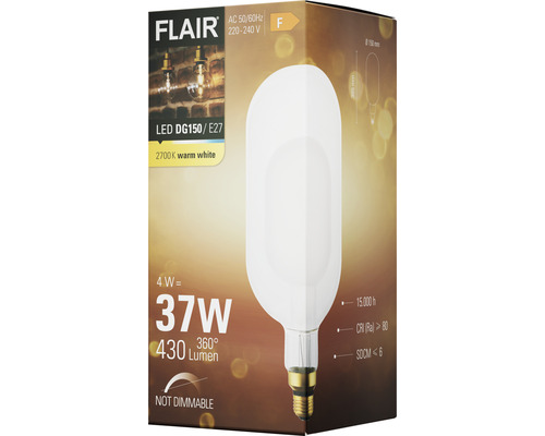 Förpackning för en icke-dimbar Flair LED-lampa DG150/E27 med 4 watt, 37 watt motsvarighet och 430 lumen