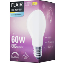 Förpackning med en dimbar Flair LED-lampa A60 E27 med 7 watt, vilket motsvarar 60 watt och producerar 806 lumen
