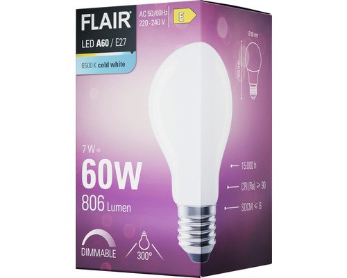 Förpackning med en dimbar Flair LED-lampa A60 E27 med 7 watt, vilket motsvarar 60 watt och producerar 806 lumen