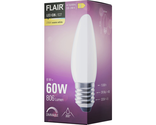 FLAIR LED-lampa C35 E27, 6 watt, varmvit, dimbar